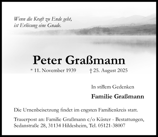Traueranzeige von Peter Graßmann von Hildesheimer Allgemeine Zeitung