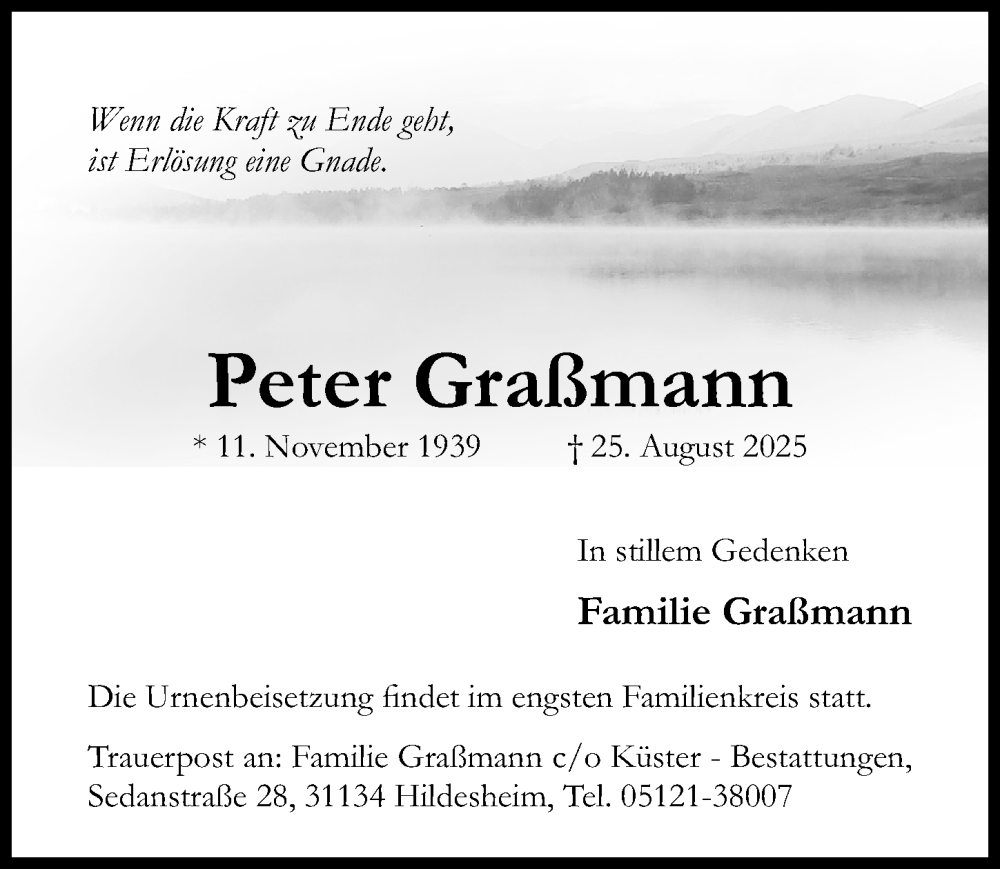  Traueranzeige für Peter Graßmann vom 27.08.2025 aus Hildesheimer Allgemeine Zeitung