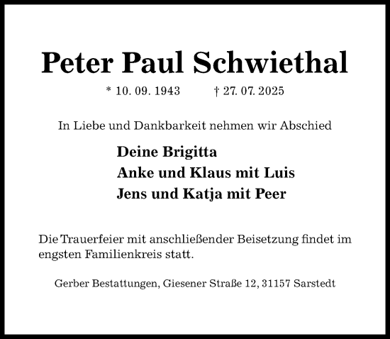 Traueranzeige von Peter Paul Schwiethal von Hildesheimer Allgemeine Zeitung