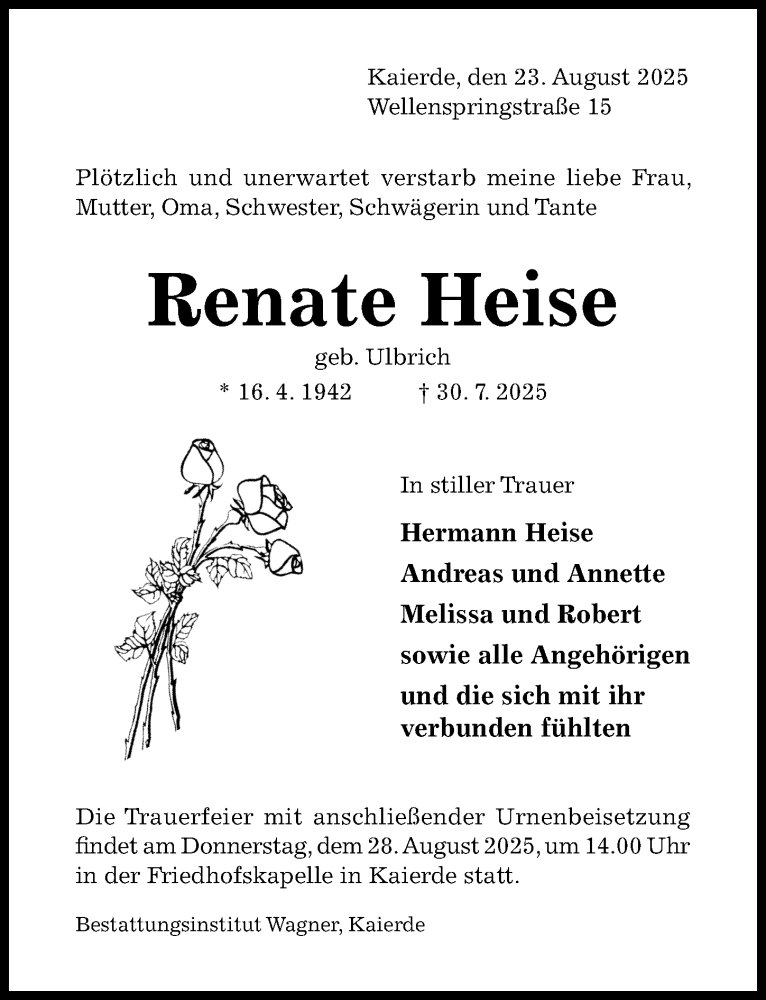  Traueranzeige für Renate Heise vom 23.08.2025 aus Hildesheimer Allgemeine Zeitung