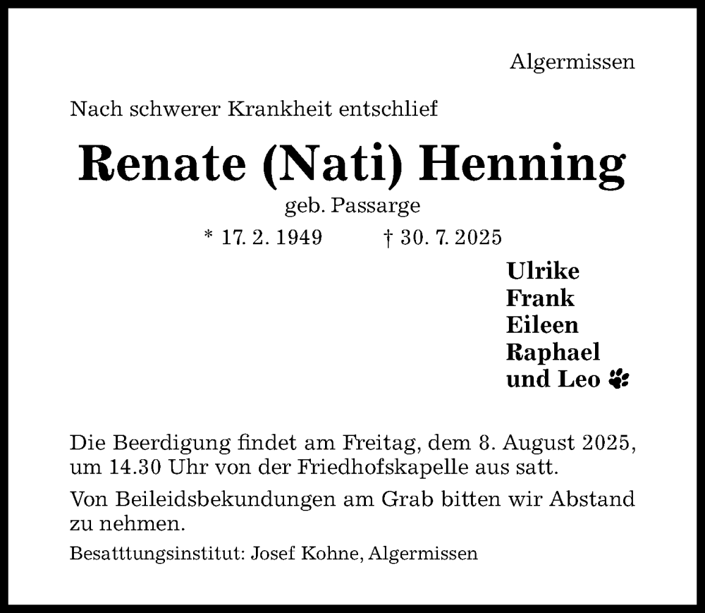  Traueranzeige für Renate Henning vom 02.08.2025 aus Hildesheimer Allgemeine Zeitung