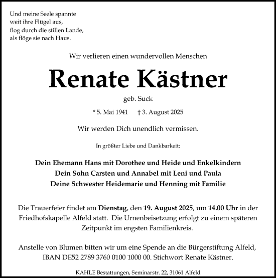 Traueranzeige von Renate Kästner von Hildesheimer Allgemeine Zeitung
