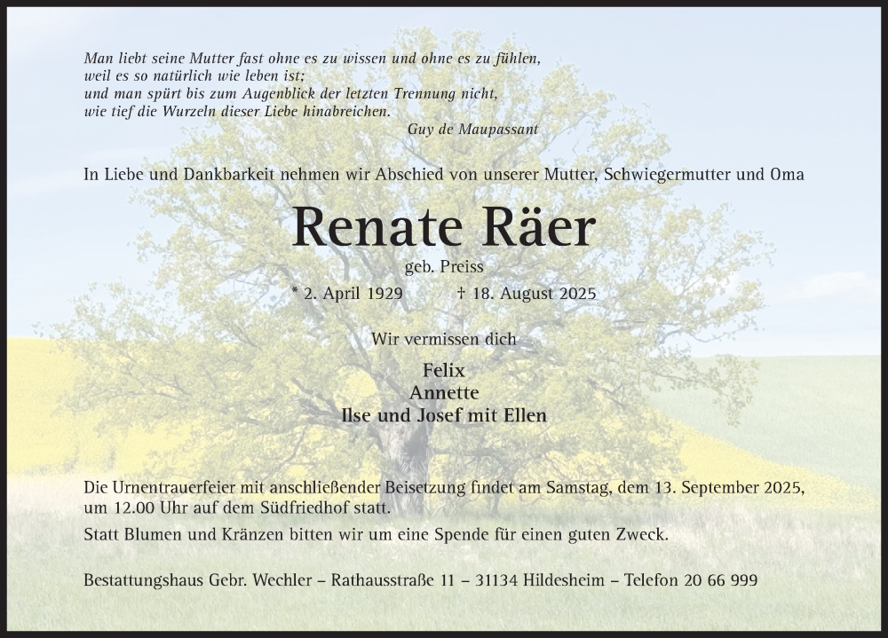  Traueranzeige für Renate Räer vom 23.08.2025 aus Hildesheimer Allgemeine Zeitung