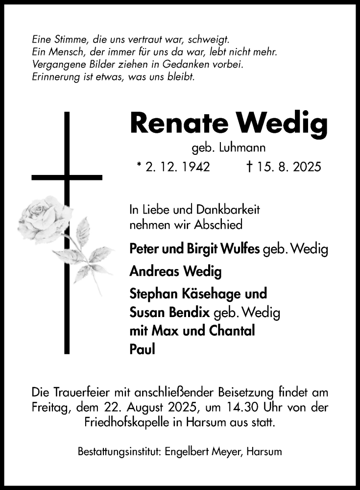  Traueranzeige für Renate Wedig vom 20.08.2025 aus Hildesheimer Allgemeine Zeitung