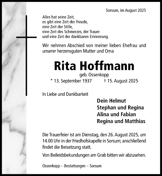 Traueranzeige von Rita Hoffmann von Hildesheimer Allgemeine Zeitung