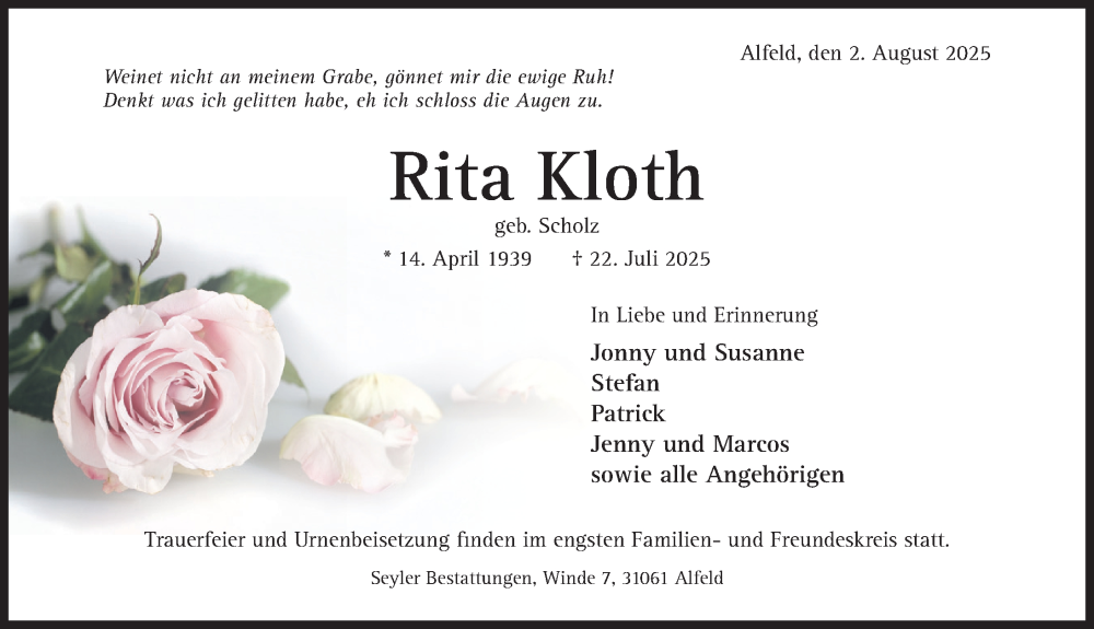  Traueranzeige für Rita Kloth vom 02.08.2025 aus Hildesheimer Allgemeine Zeitung
