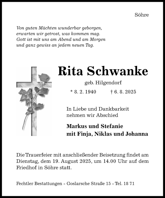 Traueranzeige von Rita Schwanke von Hildesheimer Allgemeine Zeitung