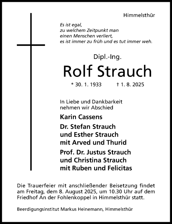 Traueranzeige von Rolf Strauch von Hildesheimer Allgemeine Zeitung