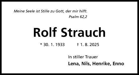 Traueranzeige von Rolf Strauch von Hildesheimer Allgemeine Zeitung