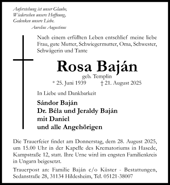 Traueranzeige von Rosa Bajan von Hildesheimer Allgemeine Zeitung
