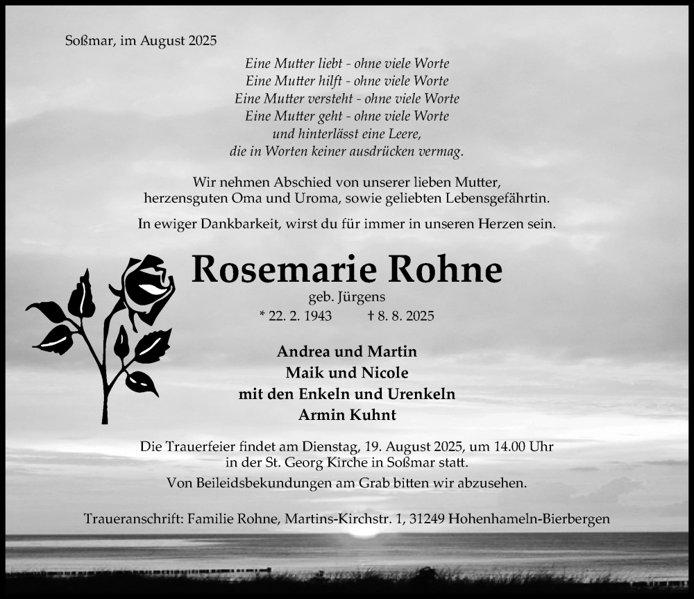  Traueranzeige für Rosemarie Rohne vom 16.08.2025 aus Hildesheimer Allgemeine Zeitung