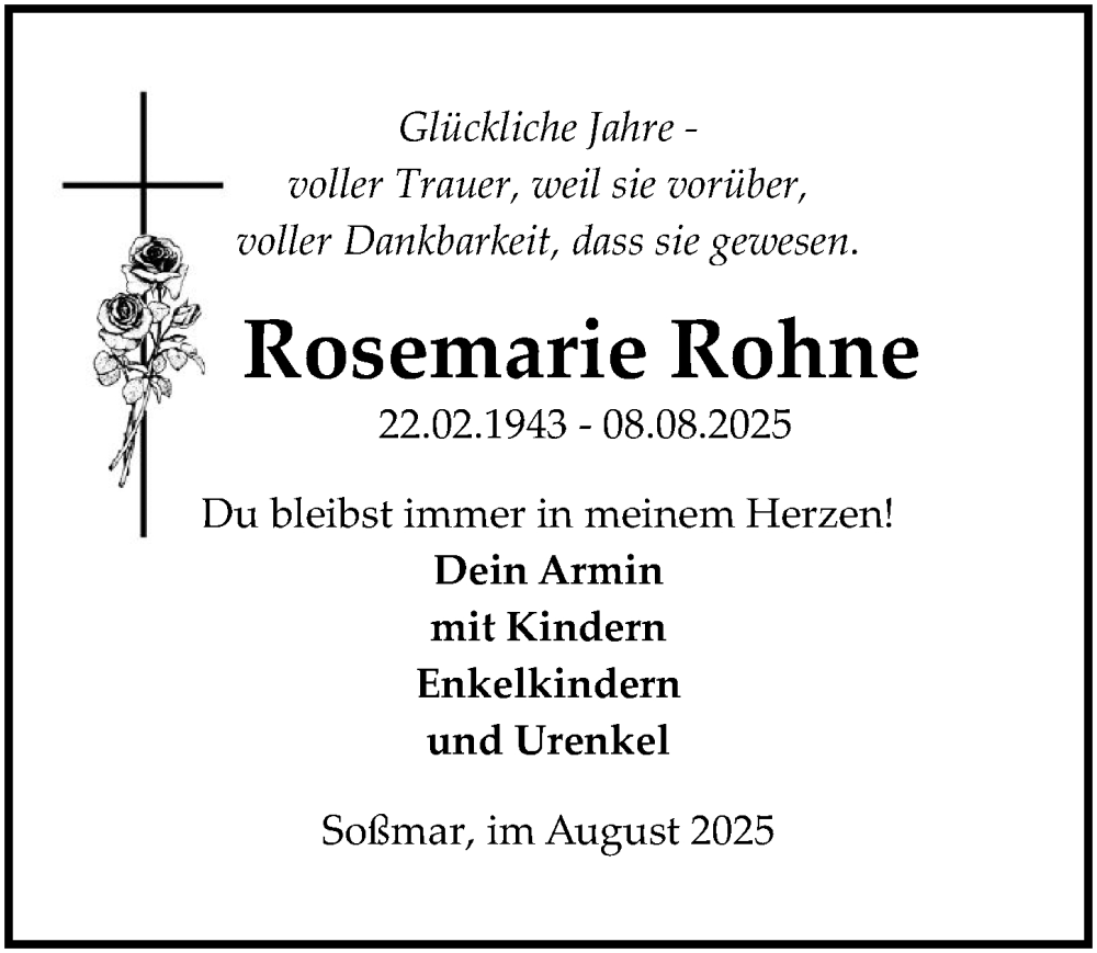  Traueranzeige für Rosemarie Rohne vom 16.08.2025 aus Hildesheimer Allgemeine Zeitung