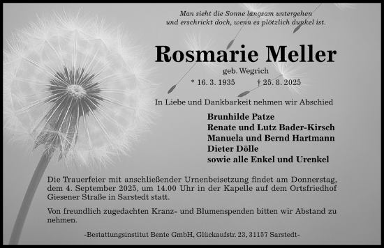 Traueranzeige von Rosmarie Meller von Hildesheimer Allgemeine Zeitung