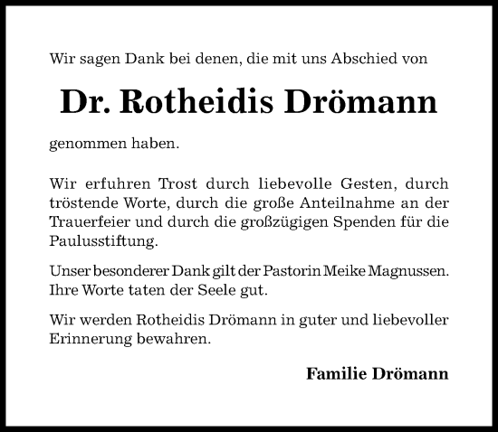 Traueranzeige von Rotheidis Drömann von Hildesheimer Allgemeine Zeitung