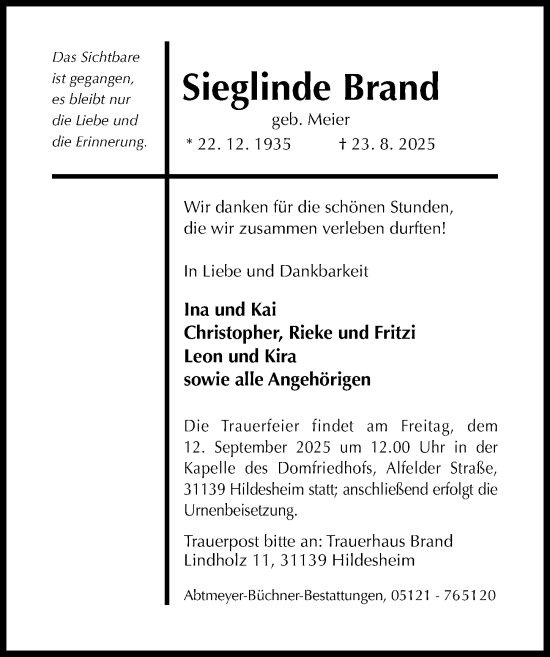 Traueranzeige von Sieglinde Brand von Hildesheimer Allgemeine Zeitung