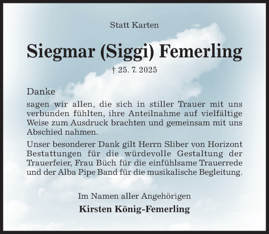 Traueranzeige von Siegmar Femerling von Hildesheimer Allgemeine Zeitung