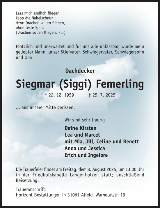 Traueranzeige von Siegmar Femerling von Hildesheimer Allgemeine Zeitung