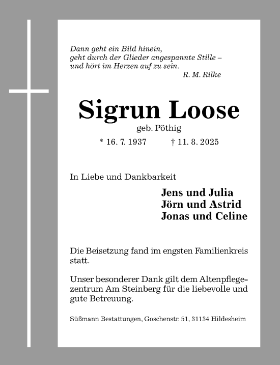 Traueranzeige von Sigrun Loose von Hildesheimer Allgemeine Zeitung