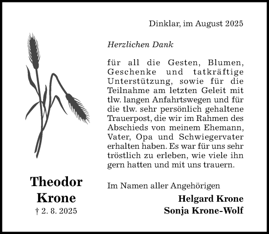 Traueranzeige von Theodor Krone von Hildesheimer Allgemeine Zeitung