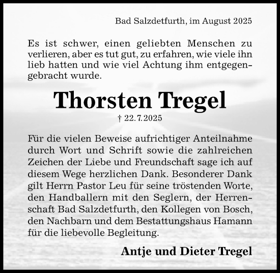 Traueranzeige von Thorsten Tregel von Hildesheimer Allgemeine Zeitung
