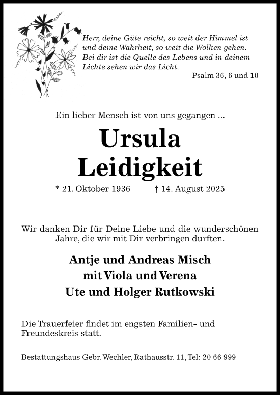 Traueranzeige von Ursula Leidigkeit von Hildesheimer Allgemeine Zeitung