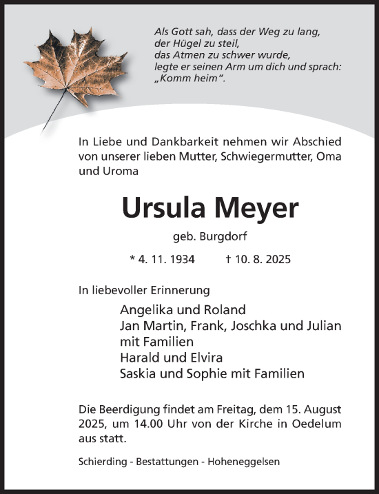 Traueranzeige von Ursula Meyer von Hildesheimer Allgemeine Zeitung