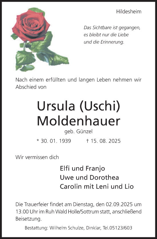 Traueranzeige von Ursula Moldenhauer von Hildesheimer Allgemeine Zeitung
