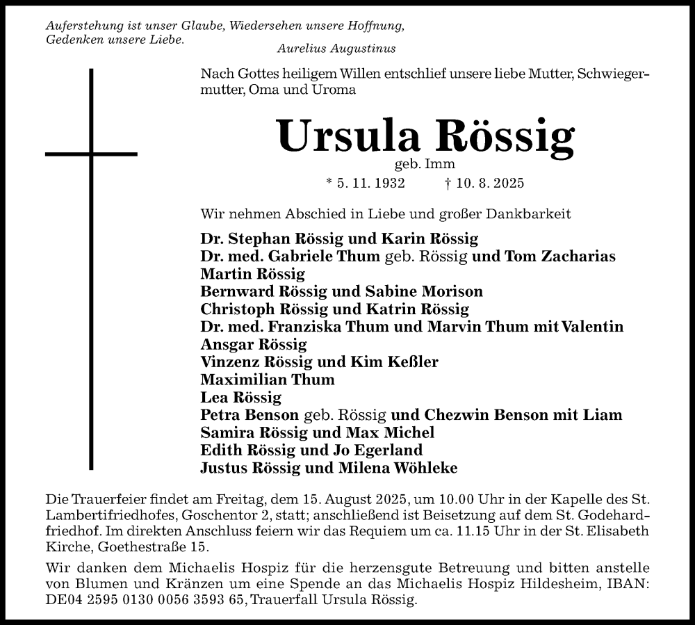  Traueranzeige für Ursula Rössig vom 13.08.2025 aus Hildesheimer Allgemeine Zeitung