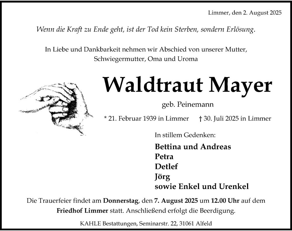  Traueranzeige für Waldtraut Mayer vom 02.08.2025 aus Hildesheimer Allgemeine Zeitung