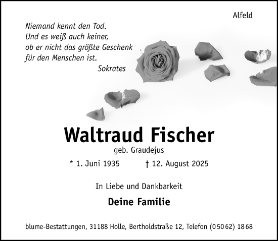 Traueranzeige von Waltraud Fischer von Hildesheimer Allgemeine Zeitung