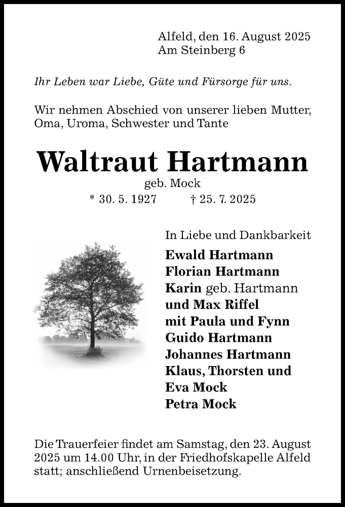  Traueranzeige für Waltraut Hartmann vom 16.08.2025 aus Hildesheimer Allgemeine Zeitung