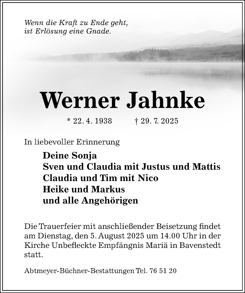  Traueranzeige für Werner Jahnke vom 02.08.2025 aus Hildesheimer Allgemeine Zeitung