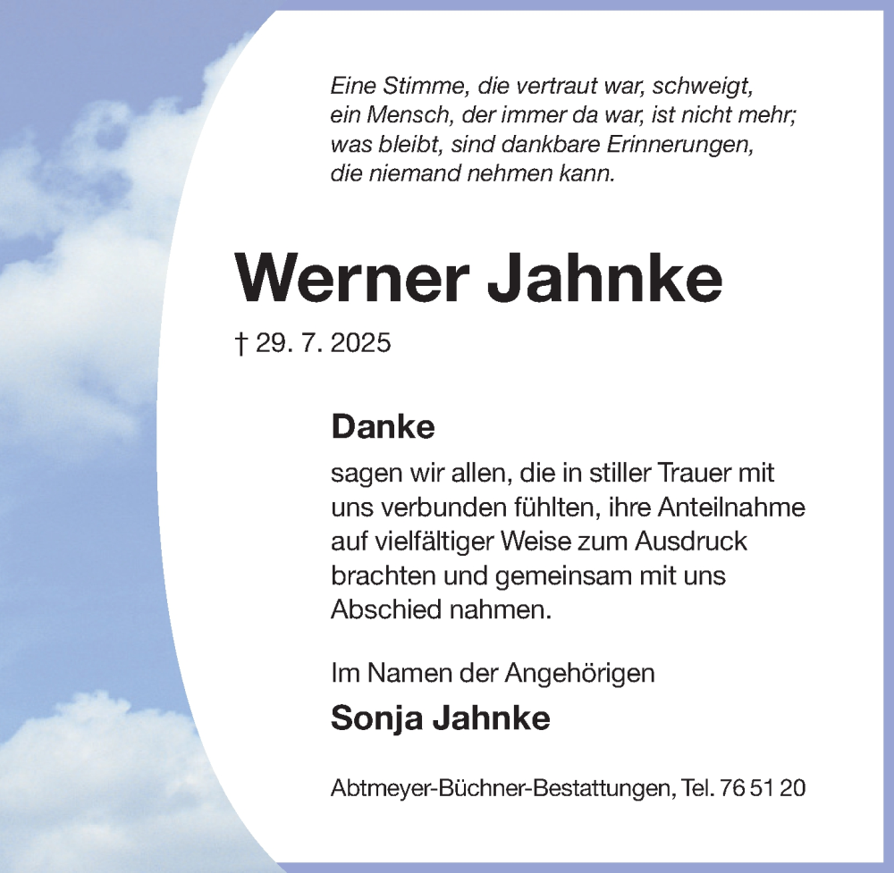  Traueranzeige für Werner Jahnke vom 20.08.2025 aus Hildesheimer Allgemeine Zeitung