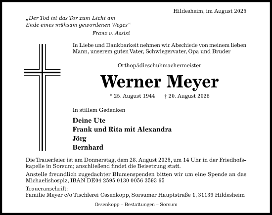 Traueranzeige von Werner Meyer von Hildesheimer Allgemeine Zeitung