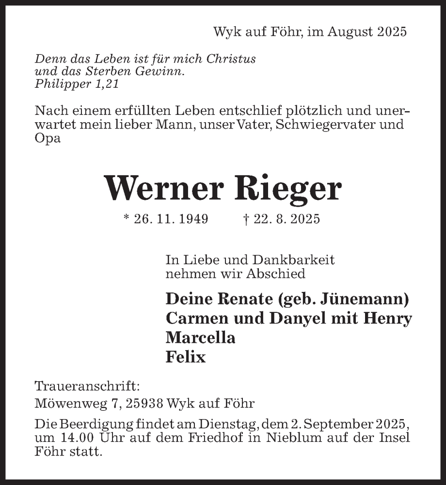  Traueranzeige für Werner Rieger vom 27.08.2025 aus Hildesheimer Allgemeine Zeitung