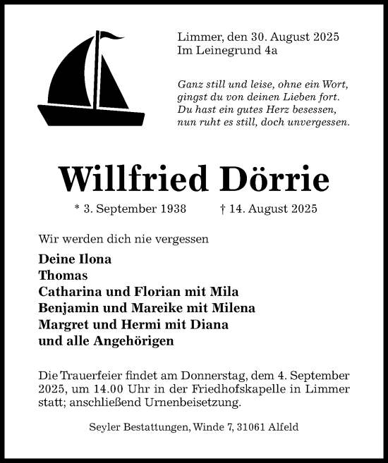 Traueranzeige von Willfried Dörrie von Hildesheimer Allgemeine Zeitung