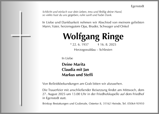 Traueranzeige von Wolfgang Ringe von Hildesheimer Allgemeine Zeitung
