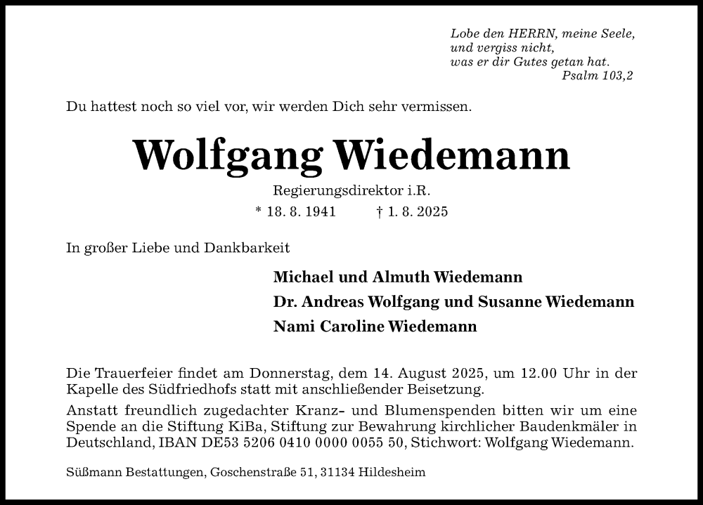  Traueranzeige für Wolfgang Wiedemann vom 09.08.2025 aus Hildesheimer Allgemeine Zeitung