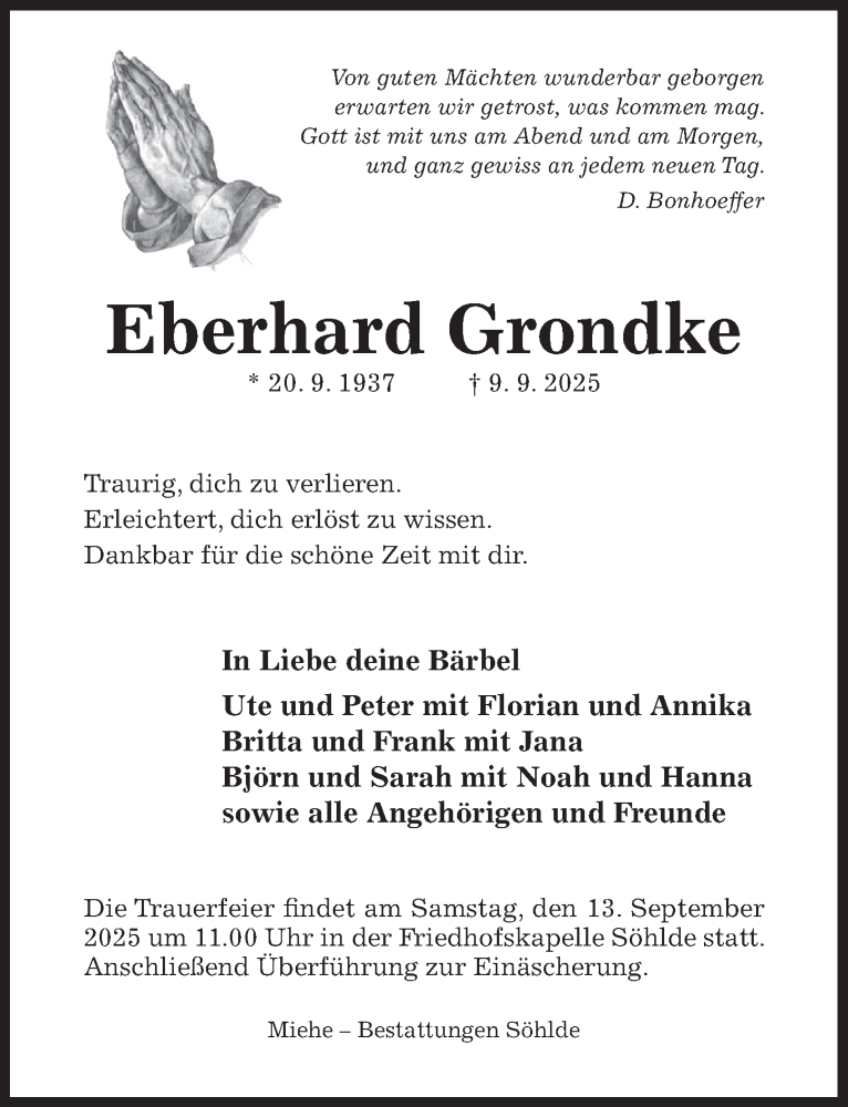  Traueranzeige für Eberhard Grondke vom 11.09.2025 aus Hildesheimer Allgemeine Zeitung