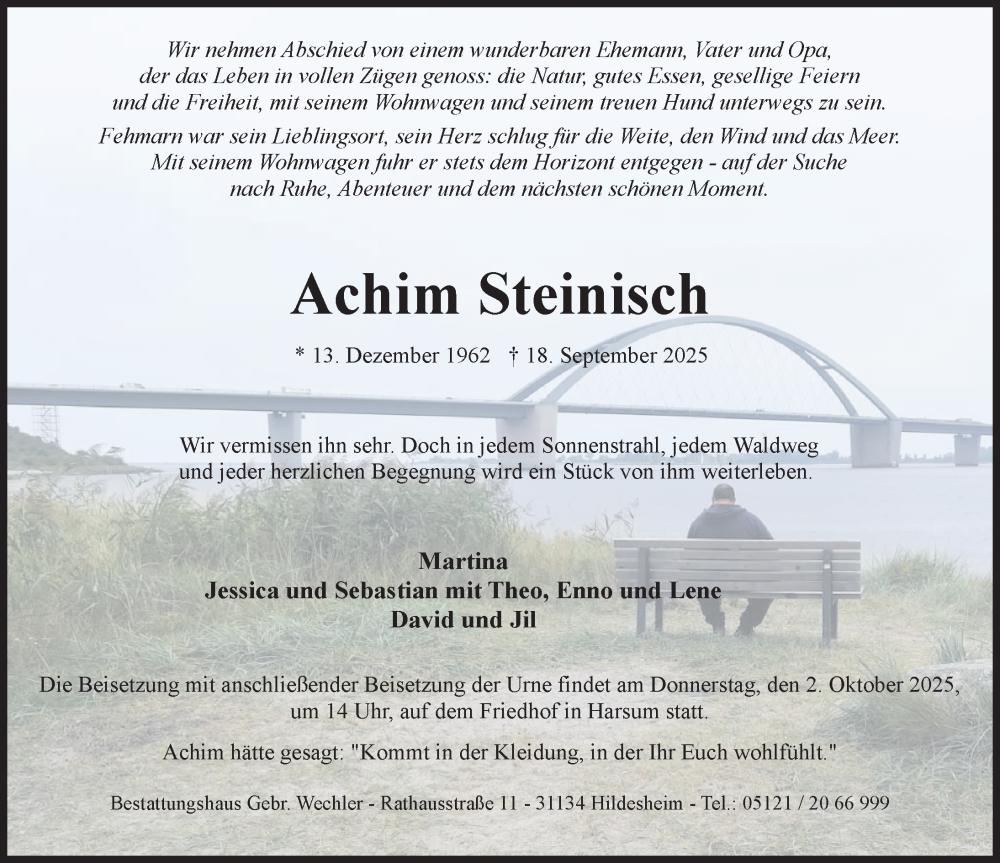  Traueranzeige für Achim Steinisch vom 20.09.2025 aus Hildesheimer Allgemeine Zeitung