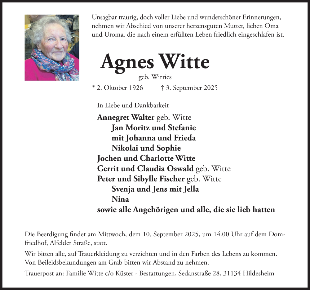  Traueranzeige für Agnes Witte vom 06.09.2025 aus Hildesheimer Allgemeine Zeitung