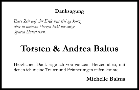 Traueranzeige von Andrea Baltus von Hildesheimer Allgemeine Zeitung