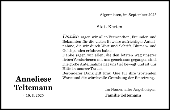 Traueranzeige von Anneliese Teltemann von Hildesheimer Allgemeine Zeitung