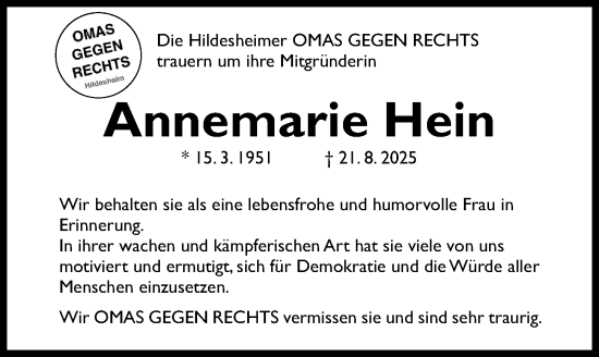 Traueranzeige von Annemarie Hein von Hildesheimer Allgemeine Zeitung