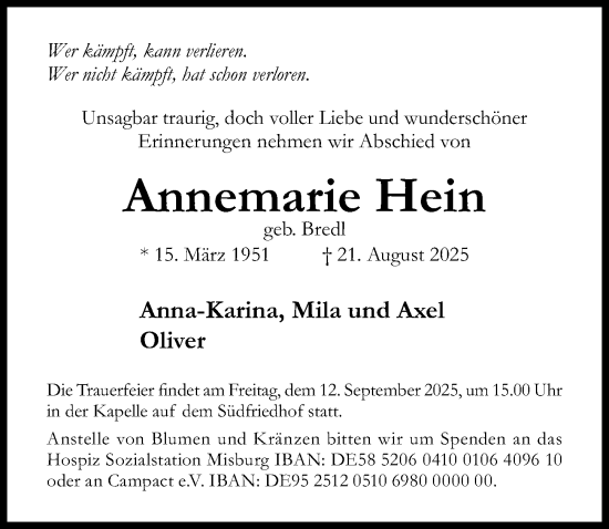 Traueranzeige von Annemarie Hein von Hildesheimer Allgemeine Zeitung