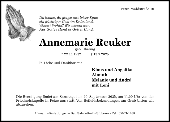 Traueranzeige von Annemarie Reuker von Hildesheimer Allgemeine Zeitung