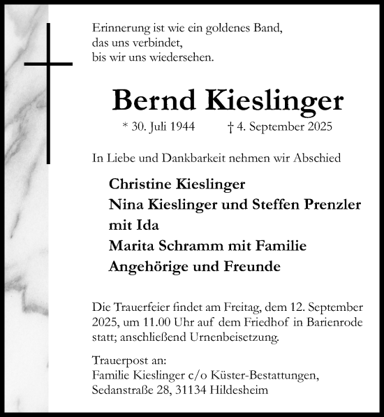 Traueranzeige von Bernd Kieslinger von Hildesheimer Allgemeine Zeitung