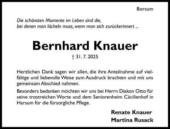 Traueranzeige von Bernhard Knauer von Hildesheimer Allgemeine Zeitung