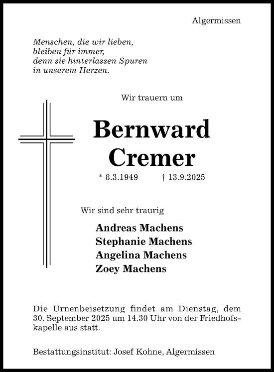 Traueranzeige von Bernward Cremer von Hildesheimer Allgemeine Zeitung
