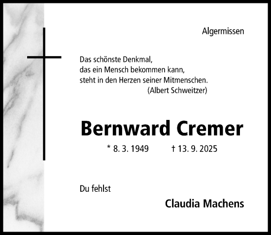 Traueranzeige von Bernward Cremer von Hildesheimer Allgemeine Zeitung